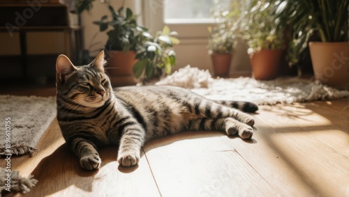 Tabby Cat Relaxing in Sunlit Room with Potted Plants.