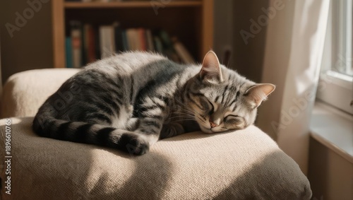Tabby Cat Sleeping Peacefully on a Chair in Warm Sunlight.