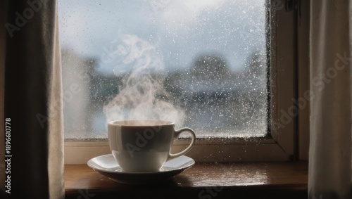 Steaming Cup of Coffee on a Rainy Day Window Sill.