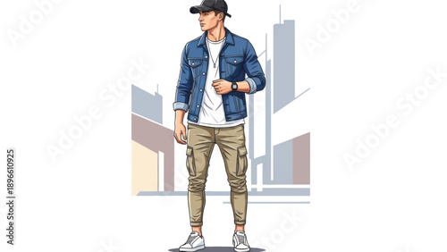 Casual urban explorer strolling through busy city streets in denim jacket.