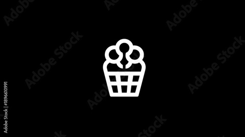 A white graphic icon featuring a basket with three people inside on a black background