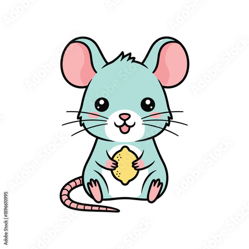 Cute Cartoon Mouse Holding Cheese on White Background