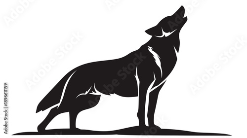 A black silhouette of a wolf howling, standing on a slight ridge against a white background