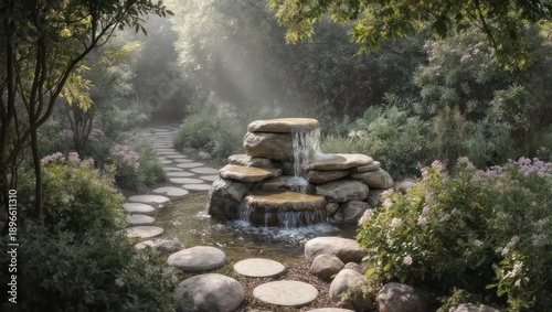 Serene garden with stone path and waterfall feature in lush greenery.