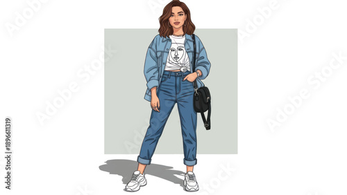 Stylish denim-clad woman posing in casual streetwear with bag and sneakers, urban fashion portrait.