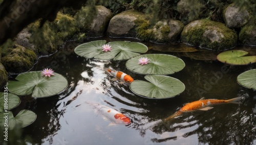 Serene Koi Pond with Lily Pads and Flowing Water.