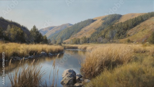 Serene Mountain Valley River with Golden Grasslands and Autumn Hues.
