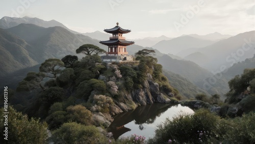 Serene Pagoda Perched Atop a Lush Mountain Peak Amidst Misty Valleys.