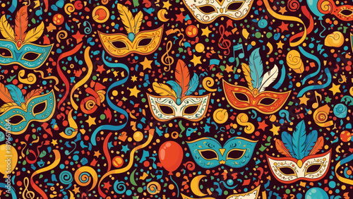 Vibrant mardi gras masks and colorful patterns on a dark background