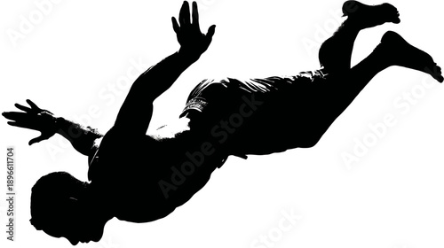 Silhouetted figure in mid-air, arms outstretched, legs extended, conveying movement and dynamic energy