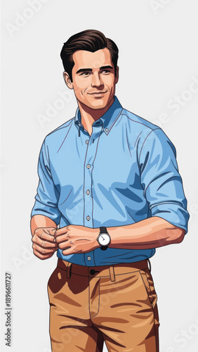 Casual portrait of a confident adult male wearing a blue shirt and brown pants.