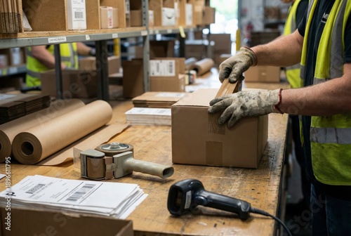 Foto Warehouse worker sealing cardboard box with tape at packing station