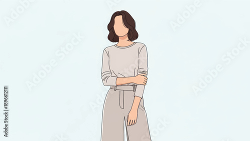 Elegant illustrated woman in a light beige dress with a calm, poised pose in a minimalist portrait.