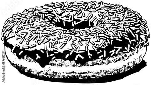 A black and white illustration of a frosted donut topped with sprinkles and a hole in the center