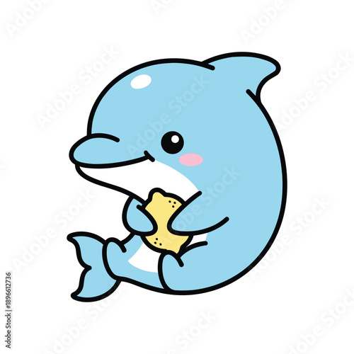 Cute cartoon blue dolphin holding golden starfish underwater friend mascot illustration