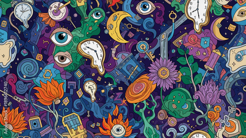Vibrant surreal illustration of various eyes and abstract shapes on a colorful background with flowers and symbols