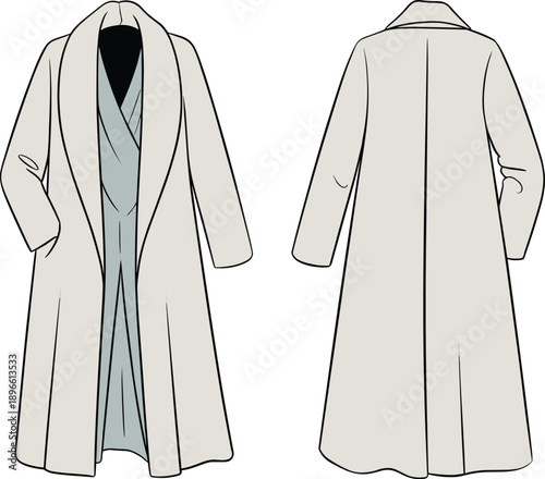 Long minimalist coat technical fashion illustration, front and back view, neutral beige outerwear design, flat vector apparel drawing