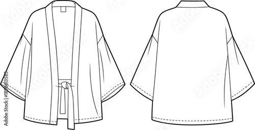 Kimono style robe technical fashion illustration, front and back flat sketch, minimalist line art garment design for apparel production