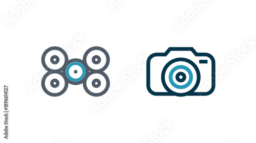 Drone and camera icons in blue, gray, and white on a white background. Isolated. Vector graphic