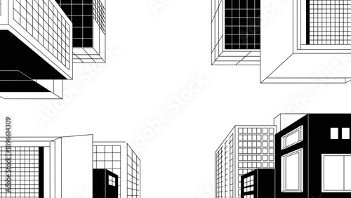 Architectural details and building facades in isometric views with grid patterns