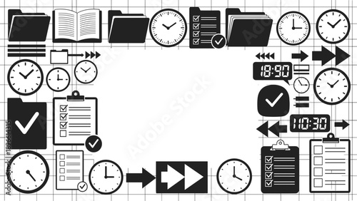 Collection of various clocks, schedules, and office supplies icons in black and white