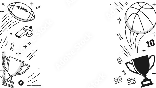 Black and white illustration of sports icons and trophies with confetti