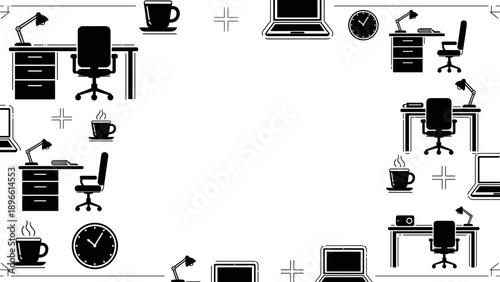 Collection of office supplies and furniture icons in black