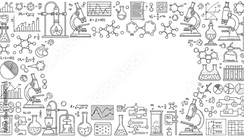 Science and laboratory icons border with various equipment and symbols