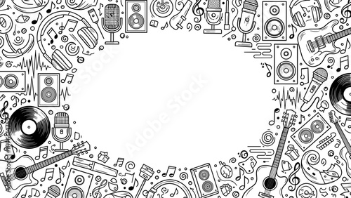 Black and white illustration of music and audio equipment border frame with various symbols and icons