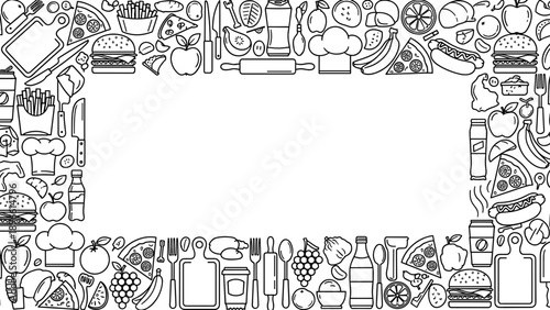 Black and white food and drink icons border frame for menu or recipe