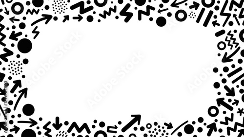 Black memphis style border frame with various shapes and symbols