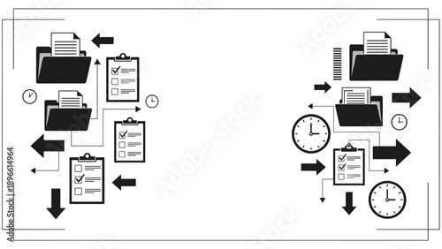 Black and white illustration of business workflow and time management process with office supplies