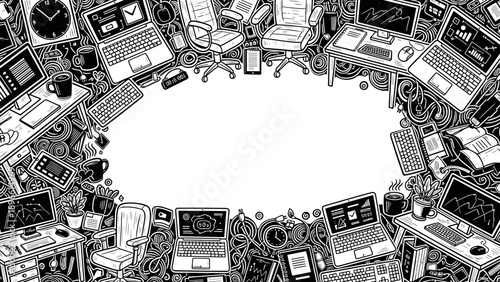 Black and white illustration of various office supplies and electronics arranged in a circular border