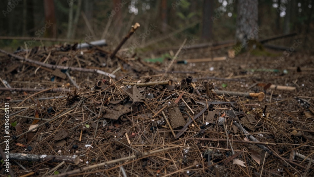 Obraz premium Chaotic destruction forest foreground pile discarded items lies ground consisting twigs branches scrap materials surrounded