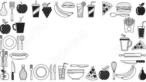 Black and white icons of food and drink items
