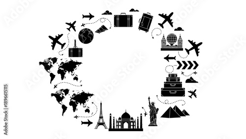 Black silhouette travel icons arranged in circular formation