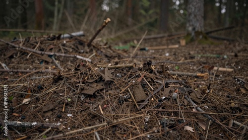 Wallpaper Mural Chaotic destruction forest foreground pile discarded items lies ground consisting twigs branches scrap materials surrounded Torontodigital.ca
