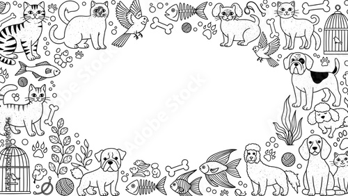Black and white illustration of various dog breeds and pet related items border