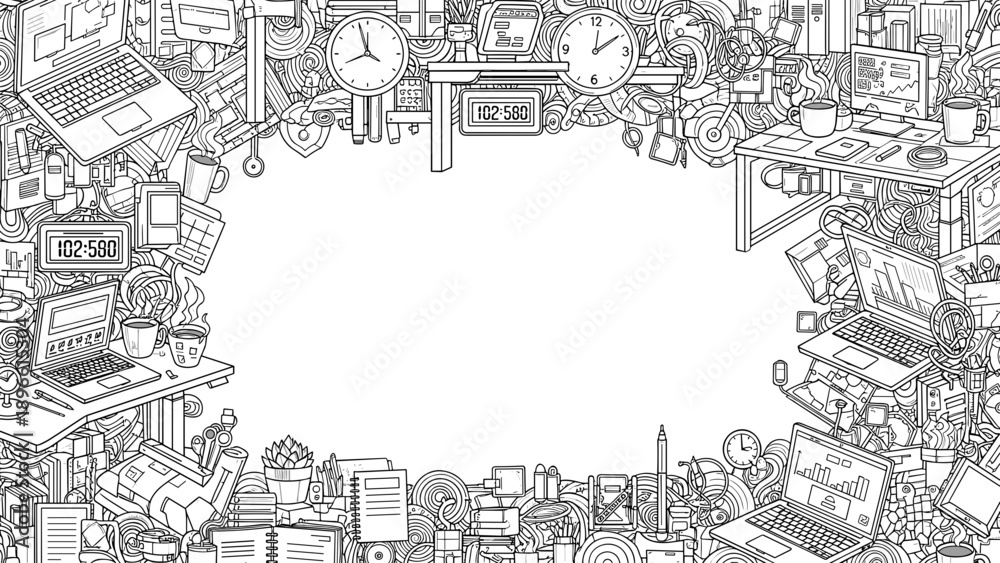 Obraz premium Busy office workspace with computers and office supplies border frame illustration