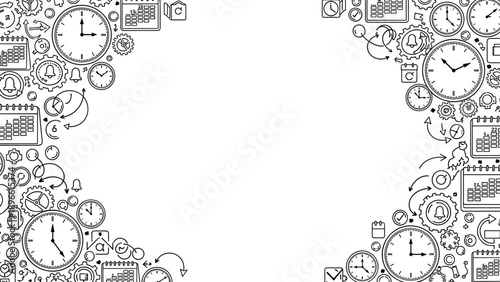 Black and white illustration of clocks and office supplies forming a shape