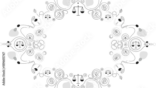 Black and white illustration of a decorative border with musical notes and symbols