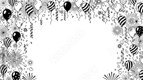 Black and white festive border with balloons and confetti for party decoration