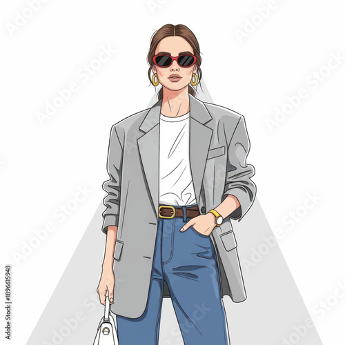 Illustrated fashionable woman in gray blazer with sunglasses posing confidently in a stylish urban look.