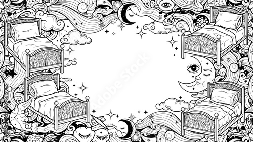 Black and white illustration of a whimsical dreamy scene with two beds and moon