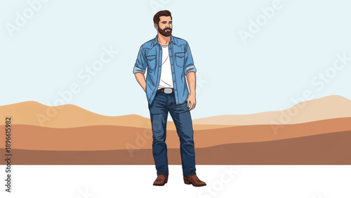 Stylish man standing in a desert landscape with distant hills and clear sky.