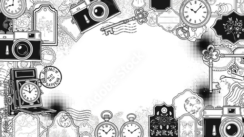 Black and white illustration of various cameras and clock objects arranged in a border frame