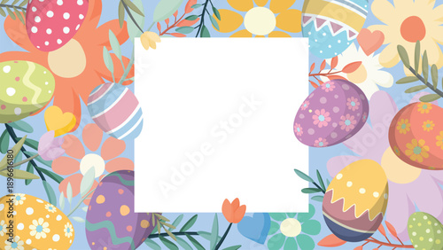 Happy Easter greeting card, poster, cover or banner hand drawn style horizontal template with blank white square frame.