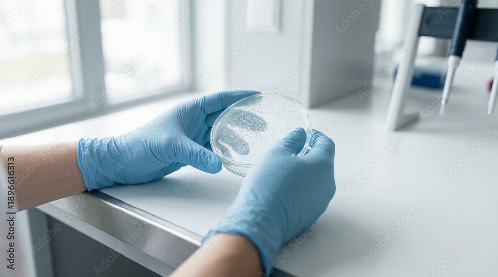 Obraz premium Gloved Hands Holding a Petri Dish on a Clean Laboratory Bench