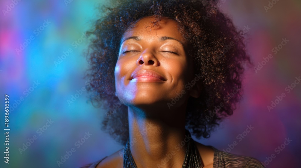 Fototapeta premium Joyful african female portrait in colorful light with closed eyes.