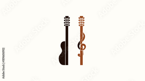 Minimalist illustration of two acoustic stringed instruments side-by-side; one with a music symbol